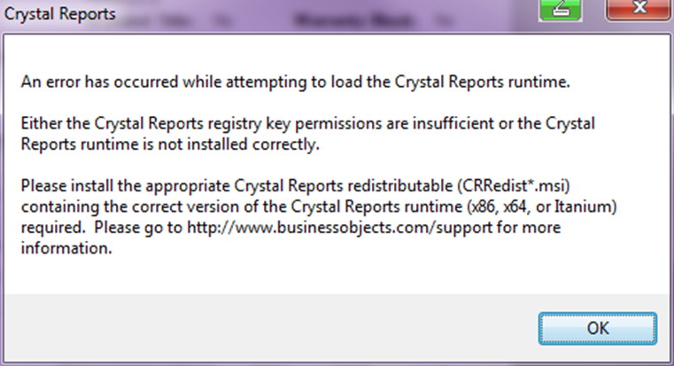 Title: خطای Crystal Reports - Description: An error has occurred while attempting to load the Crystal Reports runtime.